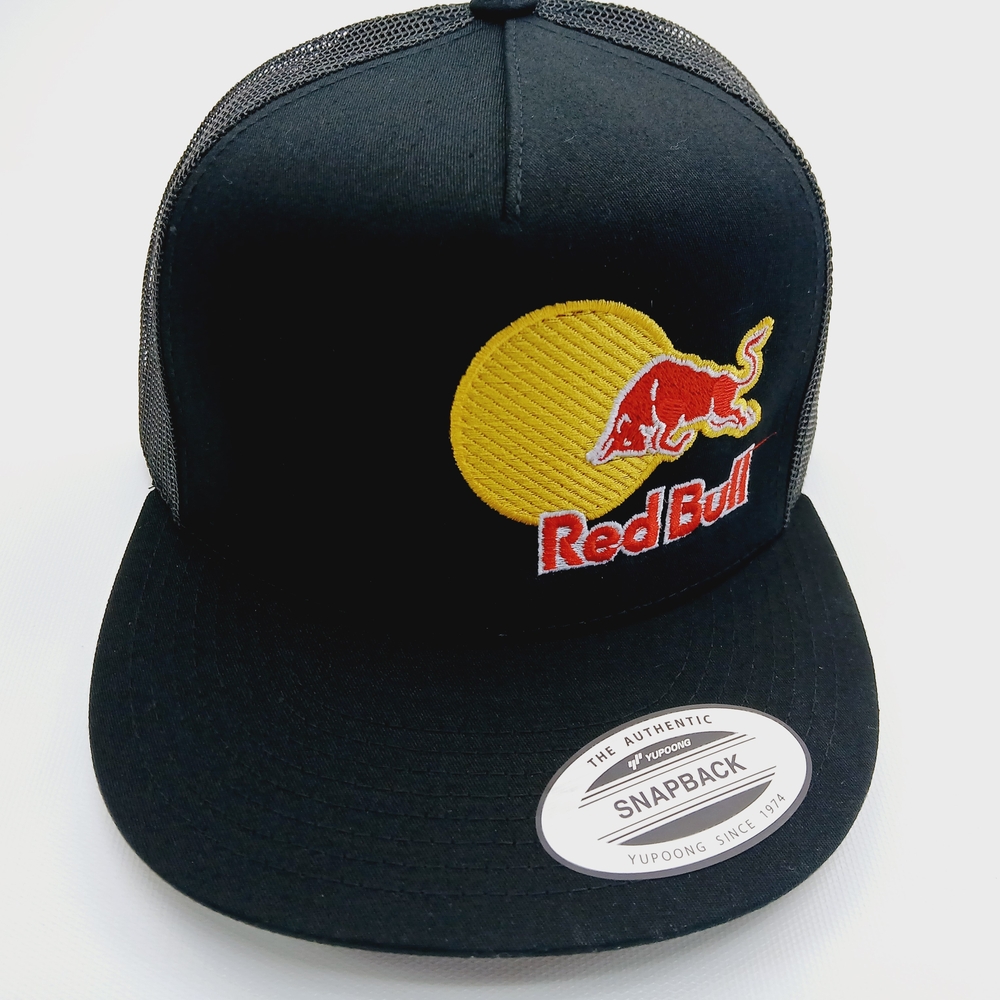 Black Flat Bill Yupoong Red Bull Direct Embroidered Mesh Snapback Hat Cap